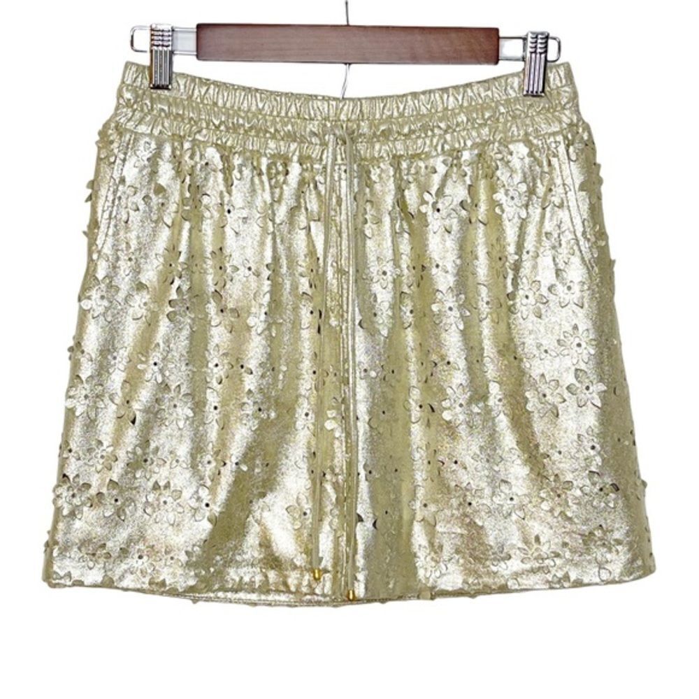 Anthropologie Leifsdottir Sliced Silverfield Leather Floral Cutout Skirt Gold
